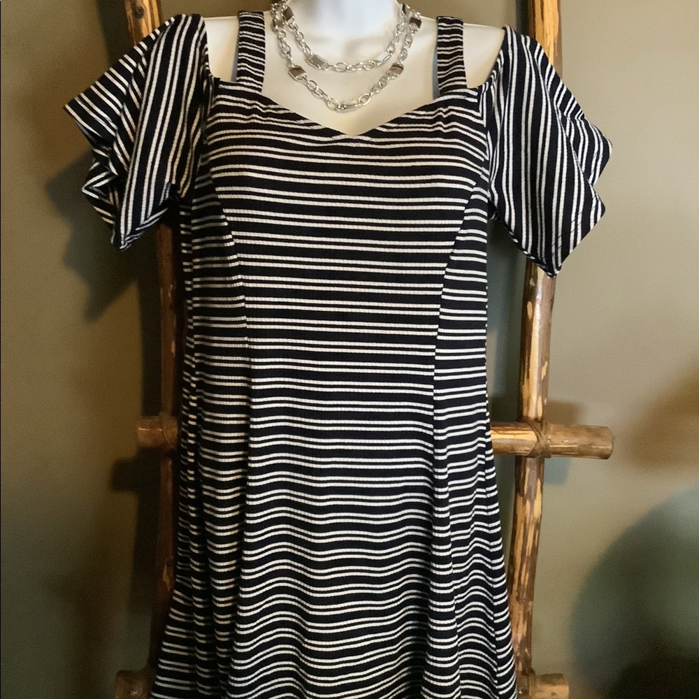 140 Striped cold shoulder dress